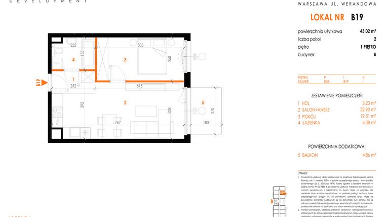 Rzut - Mieszkanie na sprzedaż 2 pokoje o powierzchni 43,02 m² - numer B19 w Werandowa