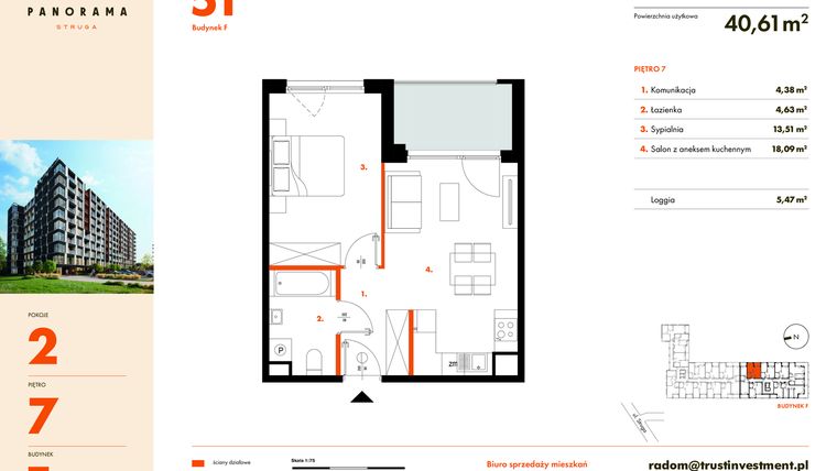Rzut - Mieszkanie na sprzedaż 2 pokoje o powierzchni 40,61 m² - numer F51 w Panorama Struga