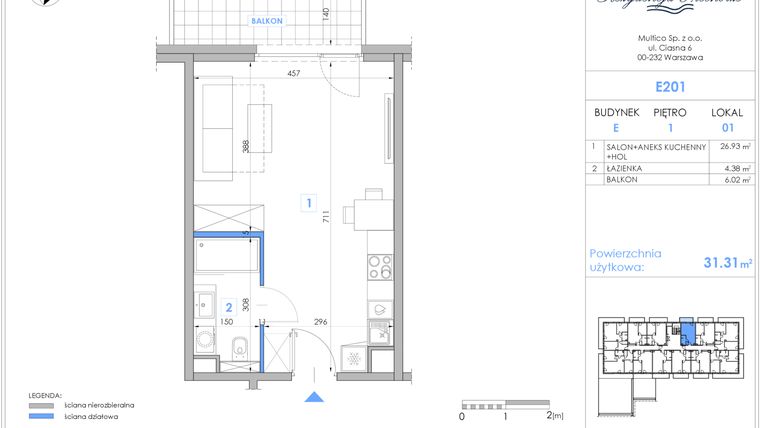 Rzut - Mieszkanie na sprzedaż 1 pokój o powierzchni 31,14 m² - numer E201 w Rezydencja Niechorze II