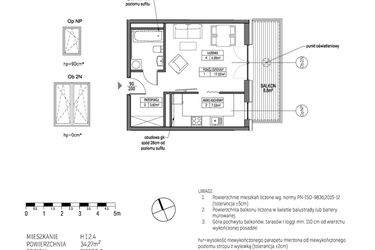 Rzut - Mieszkanie na sprzedaż 1 pokój o powierzchni 34,27 m² - numer H.1.2.4 w City Park bud. G i H