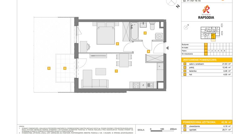 Rzut - Mieszkanie na sprzedaż 2 pokoje o powierzchni 42,59 m² - numer D.2 w Osiedle Rapsodia etap 2