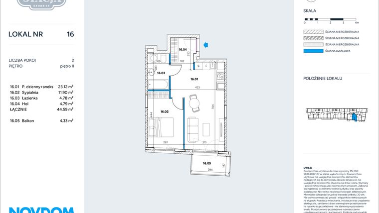 Rzut - Mieszkanie na sprzedaż 2 pokoje o powierzchni 44,59 m² - numer 16 w Stacja Grodzisk