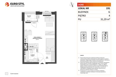 Rzut - Mieszkanie na sprzedaż 1 pokój o powierzchni 31,29 m² - numer G.191 w DOKI etap II (bud. G)
