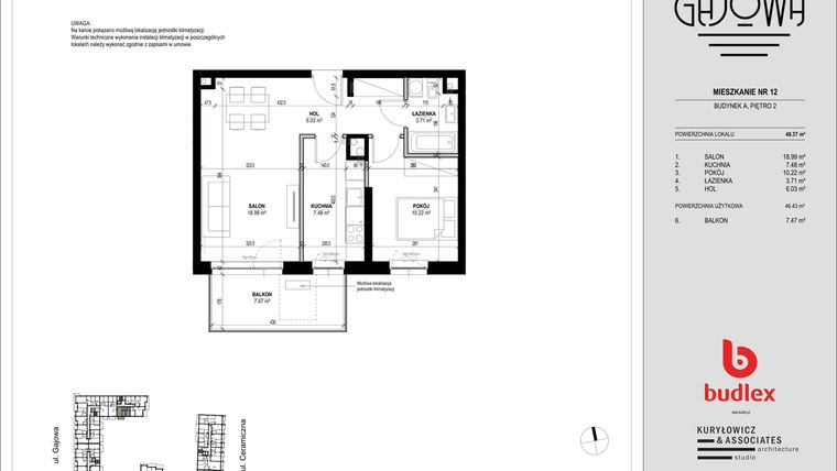 Rzut - Mieszkanie na sprzedaż 2 pokoje o powierzchni 48,37 m² - numer 12 w Gajowa bud. A