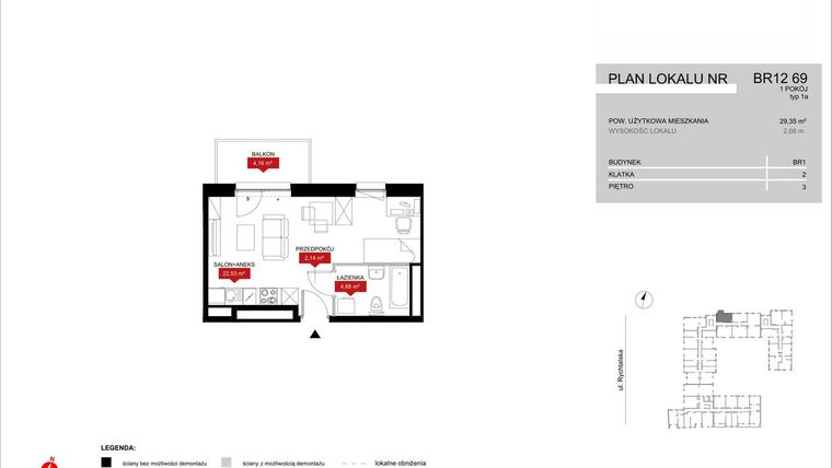 Rzut - Mieszkanie na sprzedaż 1 pokój o powierzchni 29,35 m² - numer BR12/69 w Browary Wrocławskie 2