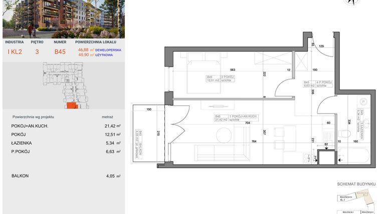 Rzut - Mieszkanie na sprzedaż 2 pokoje o powierzchni 45,9 m² - numer I-B45 w Industria etap I-B