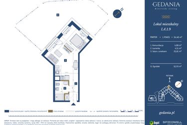 Rzut - Mieszkanie na sprzedaż 1 pokój o powierzchni 34,4 m² - numer I.A.1.9 w GEDANIA Riverside Living