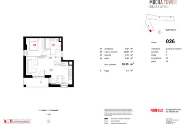 Rzut - Mieszkanie na sprzedaż 2 pokoje o powierzchni 39,35 m² - numer 026 w Osiedle Mocha Tower