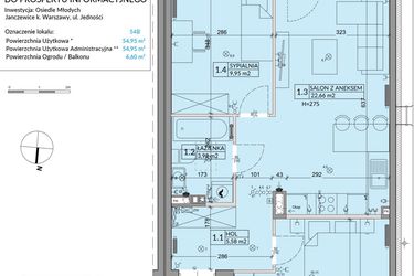 Rzut - Mieszkanie na sprzedaż 3 pokoje o powierzchni 54,95 m² - numer 54B w Osiedle Młodych etap VIII