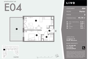 Rzut - Mieszkanie na sprzedaż 2 pokoje o powierzchni 41,14 m² - numer E04 w Livo