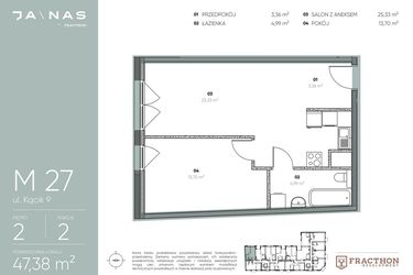 Rzut - Mieszkanie na sprzedaż 2 pokoje o powierzchni 47,38 m² - numer M.27 w Ja\nas