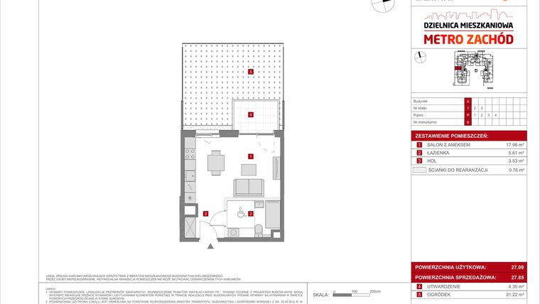 Rzut - Mieszkanie na sprzedaż 1 pokój o powierzchni 27,85 m² - numer A.6 w Dzielnica Mieszkaniowa Metro Zachód - etap 8.1