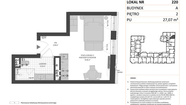 Rzut - Mieszkanie na sprzedaż 1 pokój o powierzchni 27,07 m² - numer A.220 w Esencja - Apartamenty inwestycyjne