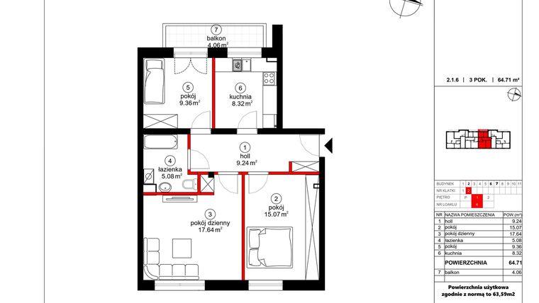 Rzut - Mieszkanie na sprzedaż 3 pokoje o powierzchni 63,59 m² - numer 6 w Czynu Społecznego 65F
