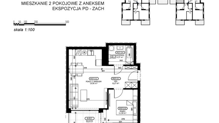 Rzut - Mieszkanie na sprzedaż 2 pokoje o powierzchni 41,83 m² - numer C2-M37 w Stacja Łódź V – etap C2