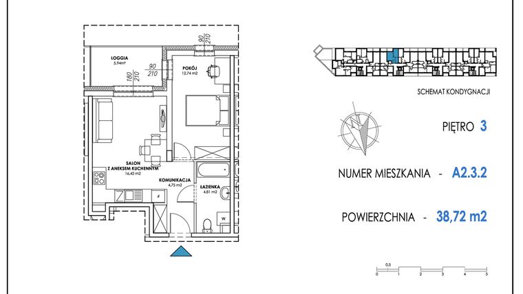 Rzut - Mieszkanie na sprzedaż 2 pokoje o powierzchni 38,84 m² - numer A2.3.2 w Apartamenty Nowe Miasto