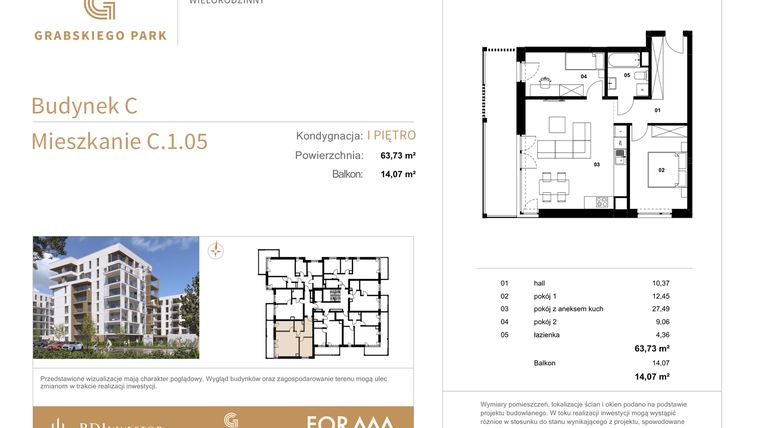 Rzut - Mieszkanie na sprzedaż 3 pokoje o powierzchni 63,73 m² - numer C.1.05 w Grabskiego Park