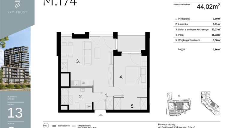 Rzut - Mieszkanie na sprzedaż 2 pokoje o powierzchni 44,02 m² - numer M174 w Sky Trust etap II