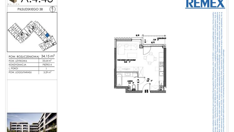 Rzut - Mieszkanie na sprzedaż 1 pokój o powierzchni 34,15 m² - numer A.4.43 w Osiedle BALTICA