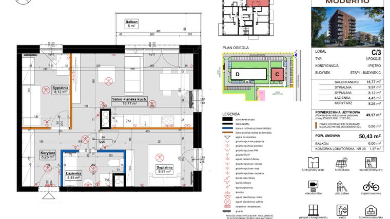 Rzut - Mieszkanie na sprzedaż 3 pokoje o powierzchni 49,57 m² - numer C.3 w Osiedle Moderno