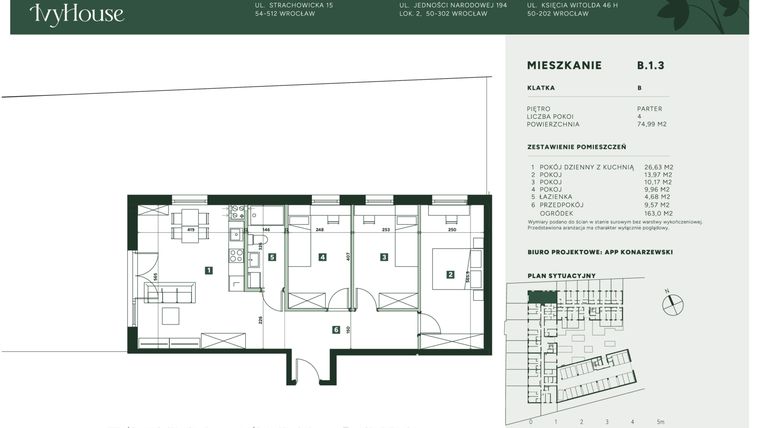 Rzut - Mieszkanie na sprzedaż 4 pokoje o powierzchni 74,99 m² - numer B.1.3 w IVY HOUSE