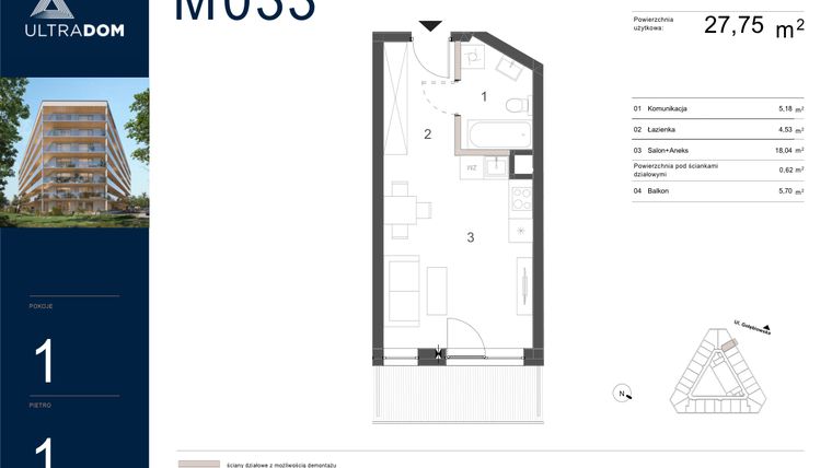 Rzut - Mieszkanie na sprzedaż 1 pokój o powierzchni 28,37 m² - numer M033 w Ultradom