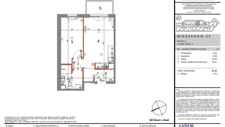 Rzut - Mieszkanie na sprzedaż 2 pokoje o powierzchni 37,16 m² - numer 23 w Zana 2