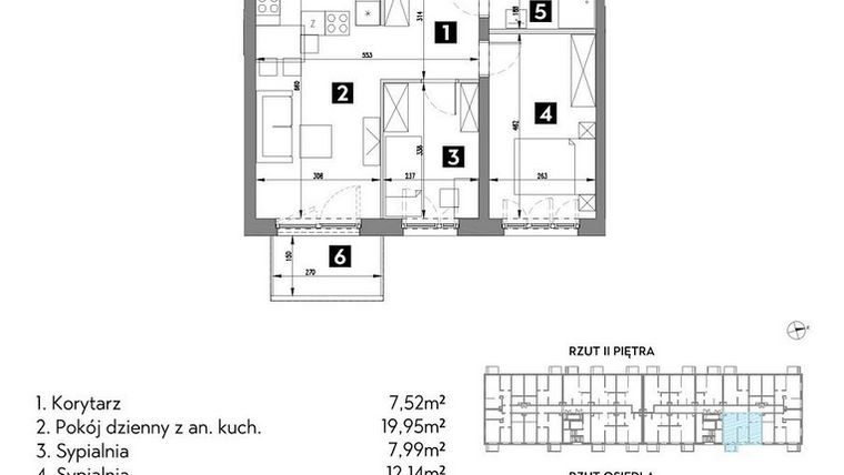 Rzut - Mieszkanie na sprzedaż 3 pokoje o powierzchni 52,11 m² - numer A2/2/11 w Metr Kwadrat