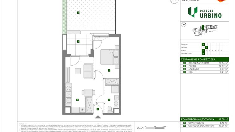 Rzut - Mieszkanie na sprzedaż 2 pokoje o powierzchni 37,69 m² - numer 5.1.A.28 w Osiedle Urbino etap 5