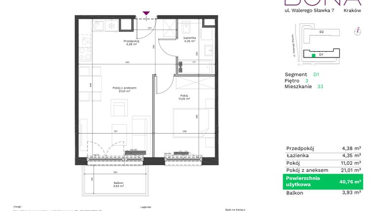 Rzut - Mieszkanie na sprzedaż 2 pokoje o powierzchni 40,76 m² - numer 33 w Bona