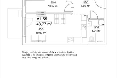 Rzut - Mieszkanie na sprzedaż 2 pokoje o powierzchni 43,77 m² - numer A1.55 w FORTnatura