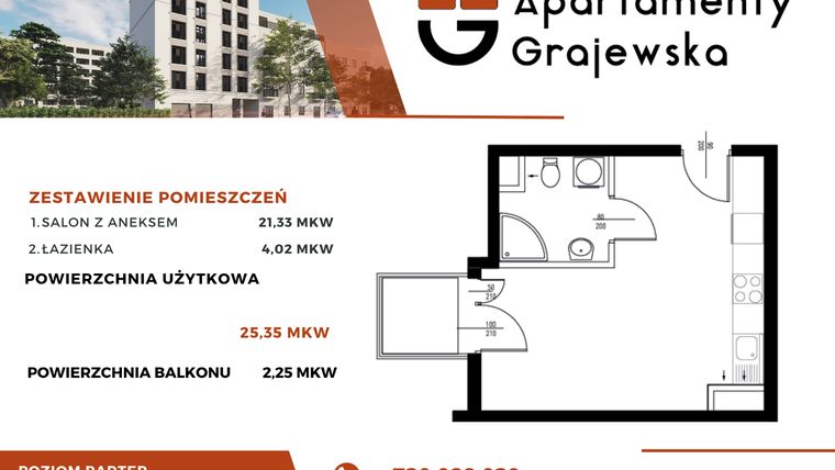 Rzut - Mieszkanie na sprzedaż 1 pokój o powierzchni 25,56 m² - numer 1 w Apartamenty Grajewska