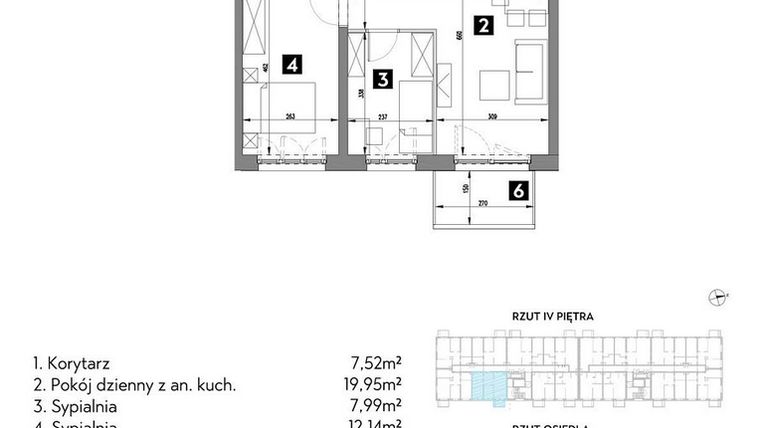 Rzut - Mieszkanie na sprzedaż 3 pokoje o powierzchni 52,22 m² - numer A1/4/3 w Metr Kwadrat