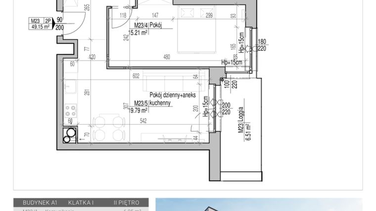 Rzut - Mieszkanie na sprzedaż 2 pokoje o powierzchni 49,15 m² - numer 23 w Aleja