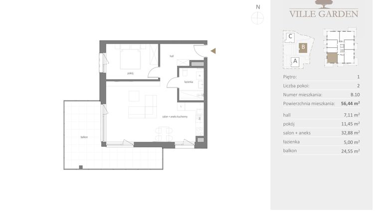 Rzut - Mieszkanie na sprzedaż 2 pokoje o powierzchni 56,44 m² - numer B.10 w Ville Garden
