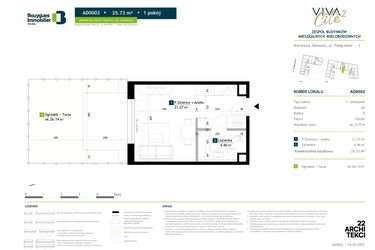 Rzut - Mieszkanie na sprzedaż 1 pokój o powierzchni 25,73 m² - numer AD0002 w Viva Cité 2