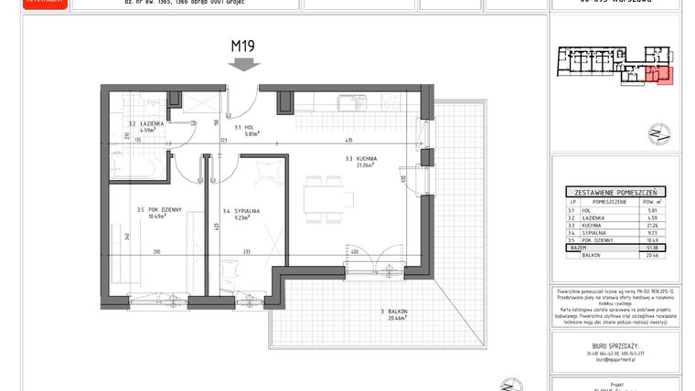 Rzut - Mieszkanie na sprzedaż 3 pokoje o powierzchni 51,38 m² - numer M19 w Mszczonowska 19