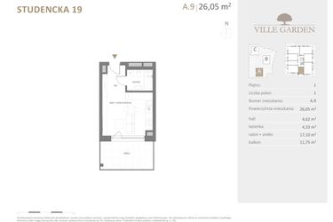 Rzut - Mieszkanie na sprzedaż 1 pokój o powierzchni 26,05 m² - numer A.09 w Ville Garden