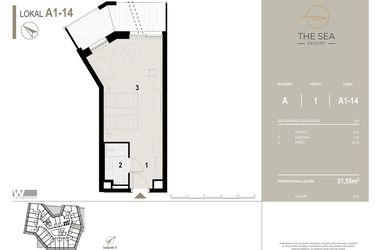 Rzut - Mieszkanie na sprzedaż 1 pokój o powierzchni 31,55 m² - numer A1-14 w The Sea Resort Międzyzdroje
