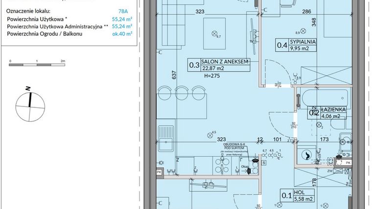Rzut - Mieszkanie na sprzedaż 3 pokoje o powierzchni 55,24 m² - numer 78A w Osiedle Młodych etap VII