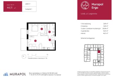 Rzut - Mieszkanie na sprzedaż 1 pokój o powierzchni 44,11 m² - numer 1.B.1.11 w Murapol Ergo