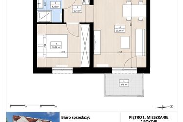 Rzut - Mieszkanie na sprzedaż 2 pokoje o powierzchni 40,15 m² - numer B3/1/21 w Montano bud. B3