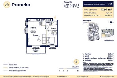 Rzut - Mieszkanie na sprzedaż 2 pokoje o powierzchni 47,97 m² - numer C12 w Osiedle Kompas