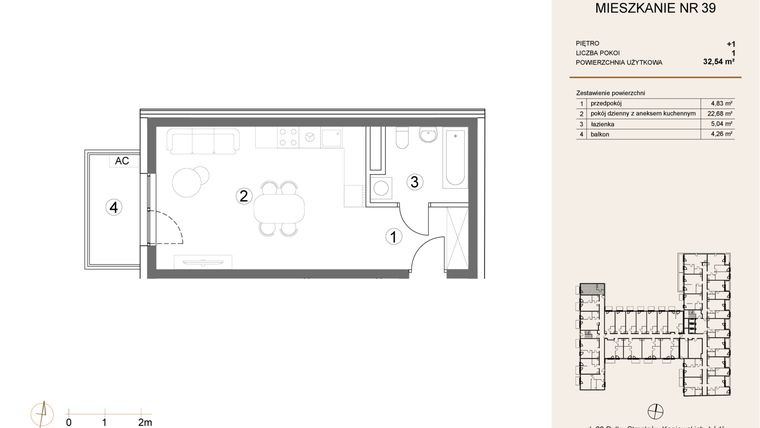 Rzut - Mieszkanie na sprzedaż 1 pokój o powierzchni 32,54 m² - numer 39 w Waterlane Vibe