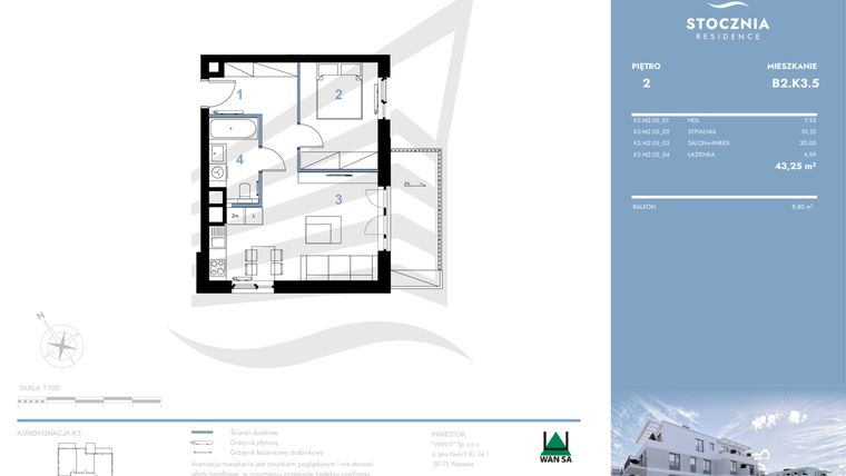 Rzut - Mieszkanie na sprzedaż 2 pokoje o powierzchni 43,25 m² - numer B2.K3.5 w Stocznia Residence