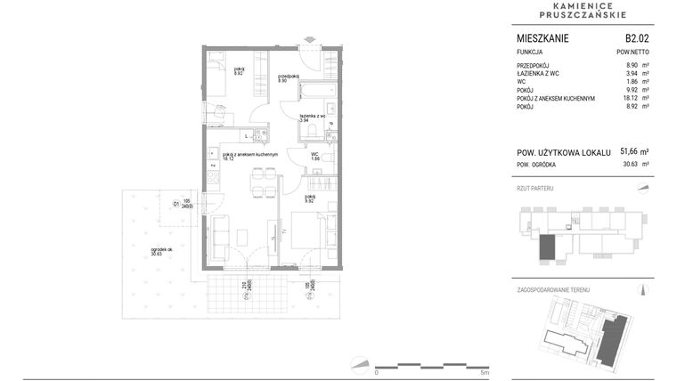 Rzut - Mieszkanie na sprzedaż 3 pokoje o powierzchni 51,66 m² - numer B2.02 w Kamienice Pruszczańskie