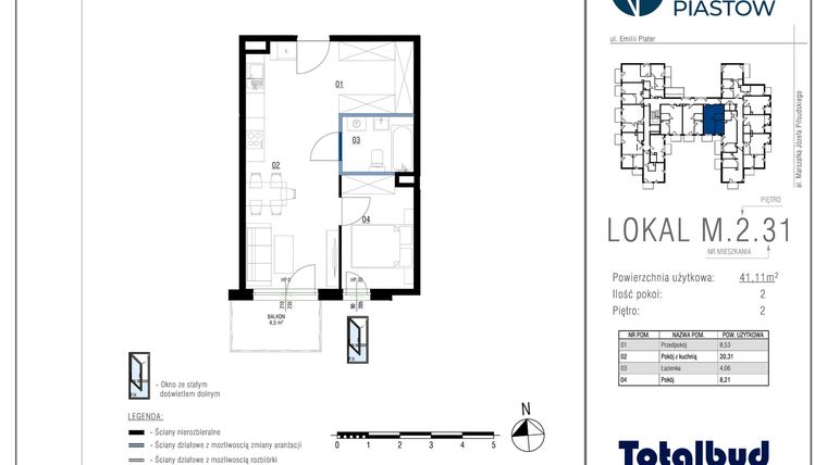 Rzut - Mieszkanie na sprzedaż 2 pokoje o powierzchni 41,11 m² - numer M.2.31 w Viva Piastów