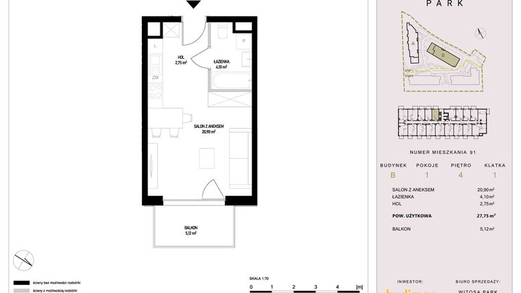 Rzut - Mieszkanie na sprzedaż 1 pokój o powierzchni 27,75 m² - numer B91 w Witosa Park