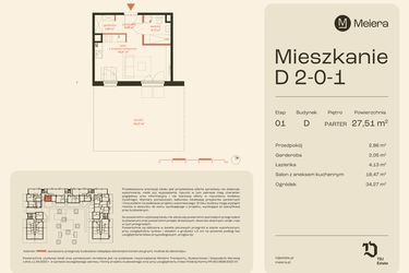 Rzut - Mieszkanie na sprzedaż 1 pokój o powierzchni 27,51 m² - numer D2-0-1 w Osiedle Meiera