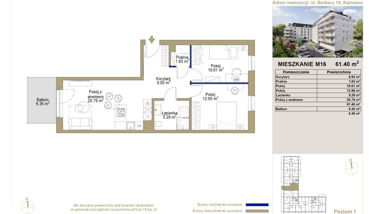 Rzut - Mieszkanie na sprzedaż 3 pokoje o powierzchni 61,4 m² - numer 16 w Barbary 19